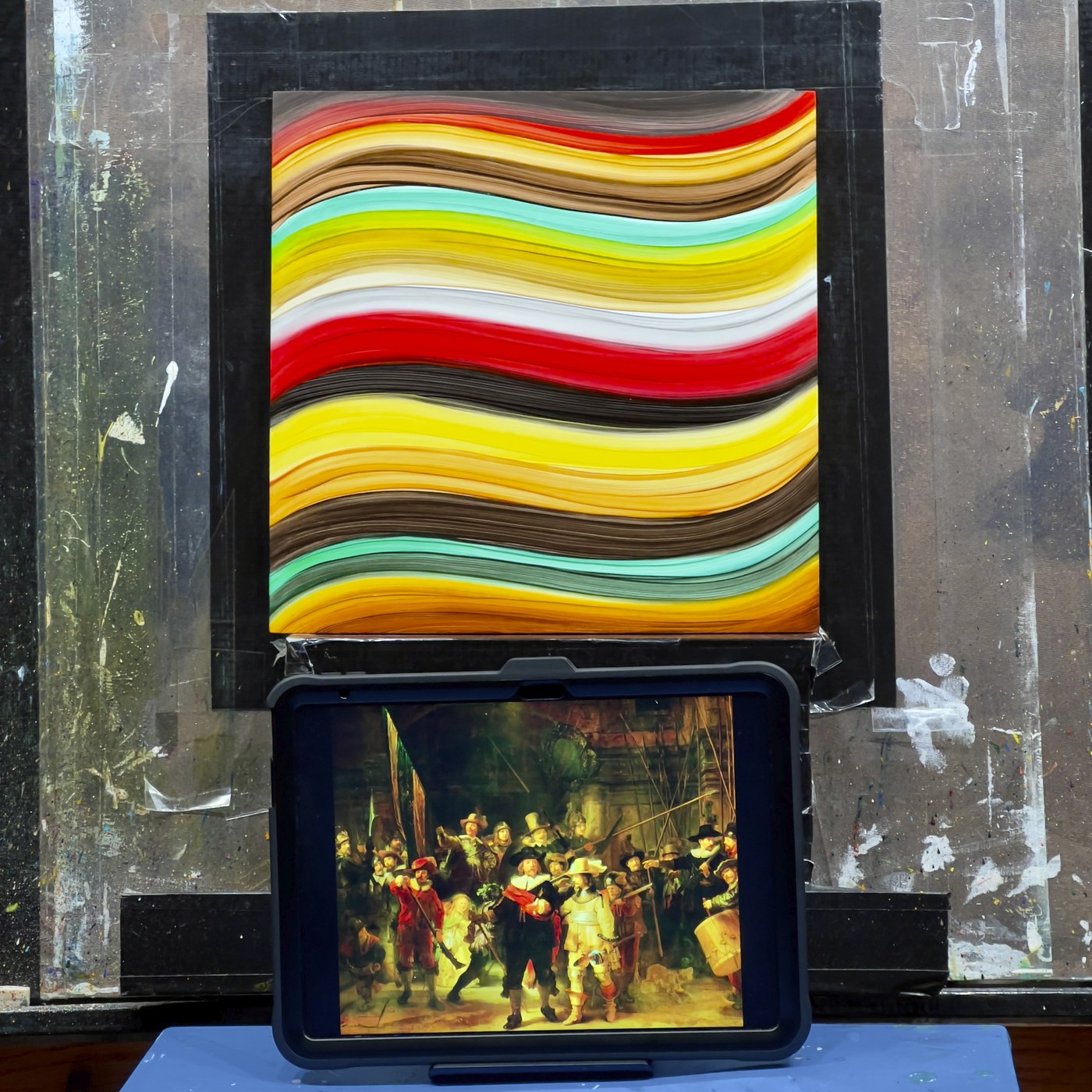 A Palette Homage of The Night Watch on the easel, checked against the restoration on a tablet propped below it