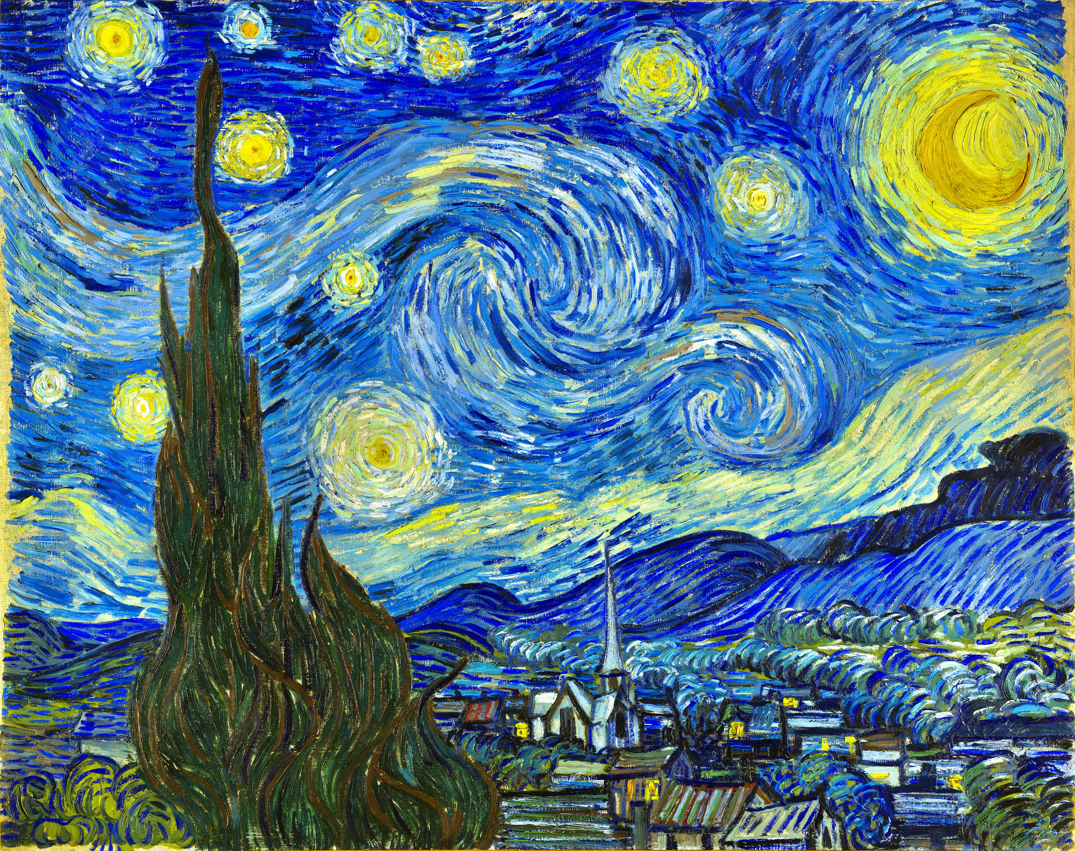 The Starry Night, unrestored on the left and restored on the right